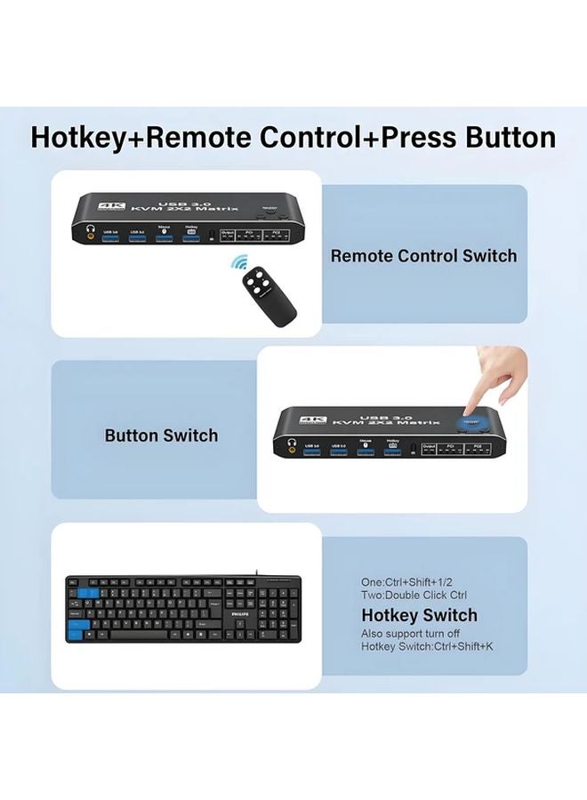 مفتاح KVM 2x2، منفذين، وحدة تحكم USB، قابس حائطي، مصفوفة - Image 3